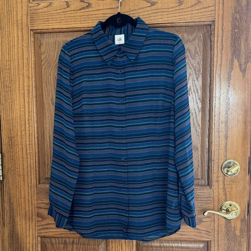 CAbi Alex Blouse Split Back Striped Blue Womens - Size M - Long Sleeve